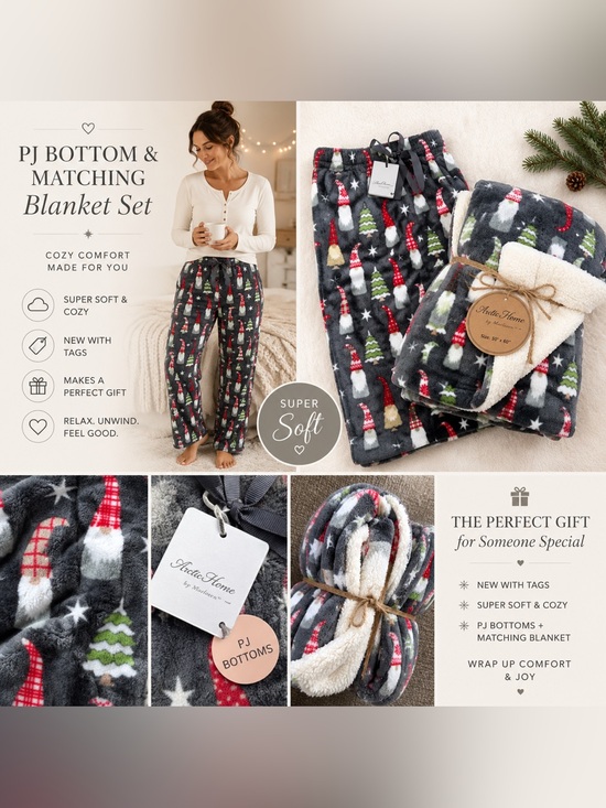Fashion By Mirabeau Other - Gray Holiday Gnome PJ Pants & Sherpa Blanket 2-Piece Set Size XL